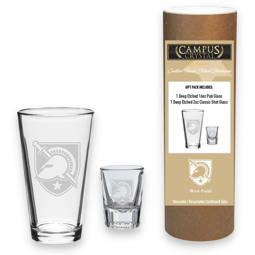 Army West Point 16oz Deep Etched Pub Glass and 2oz Classic Shot Glass (Clear)